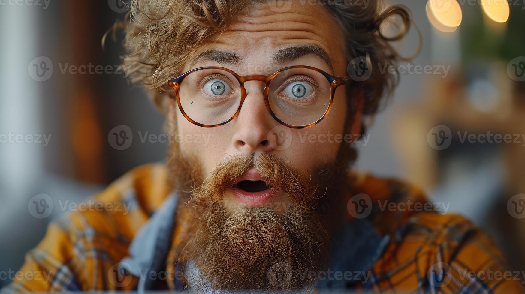 AI Generated Funny promotion poster depicting a crazy bearded guy holding a laptop in his hands and looking at the camera in a surprised or shocked expression. Laptop concept. photo