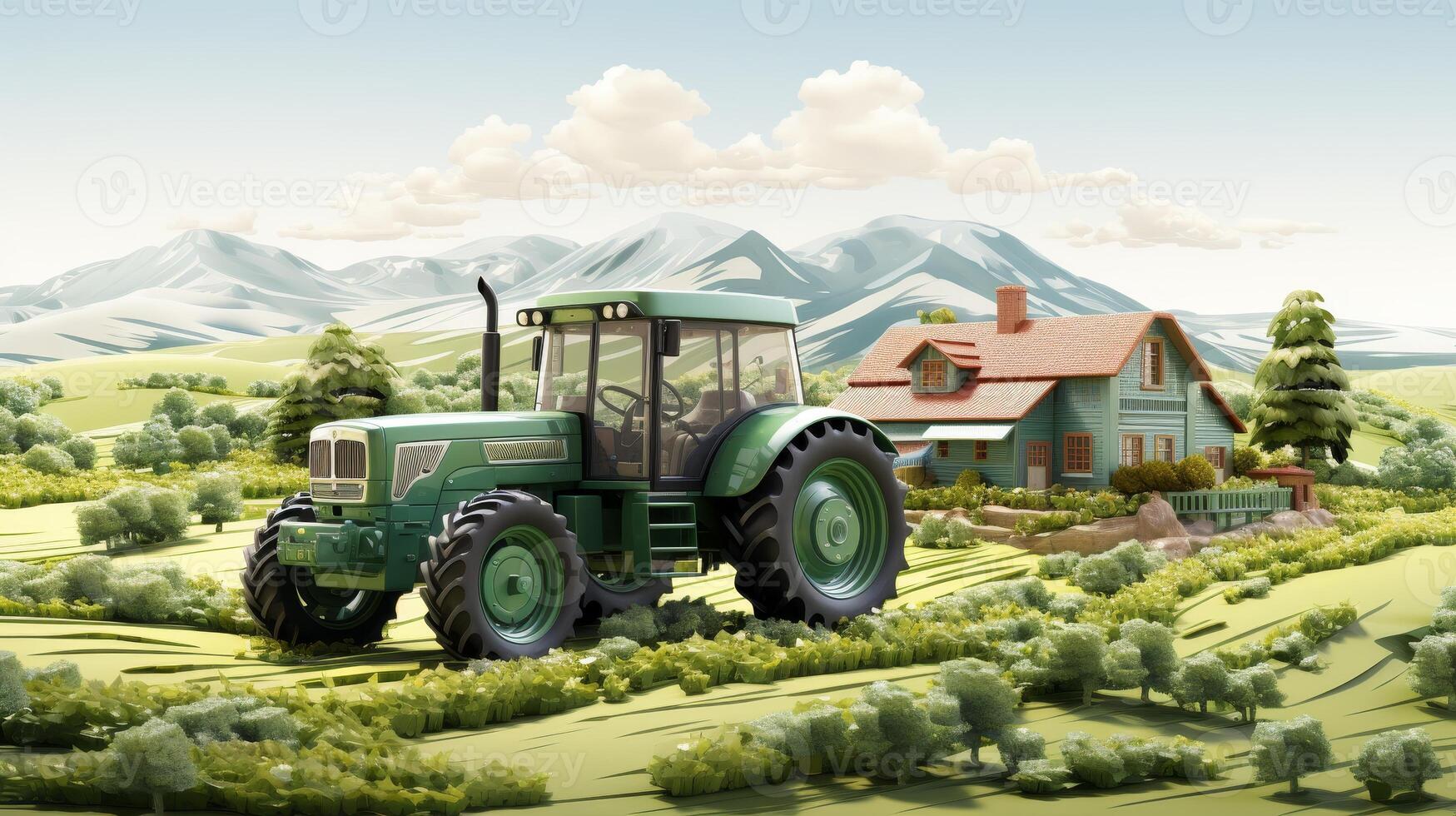 AI Generated Farmland with crops and tractor isolated on white background. 3D render of a meadow landscape with machinery. Smart farming and modern farm business concept. photo