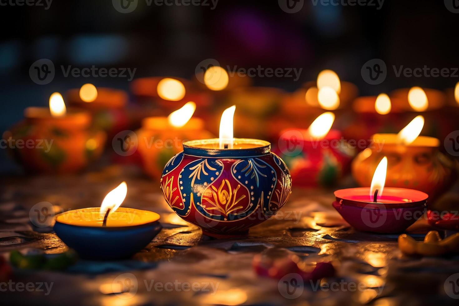 AI Generated Diya lights lamps on multicolored rangoli. photo