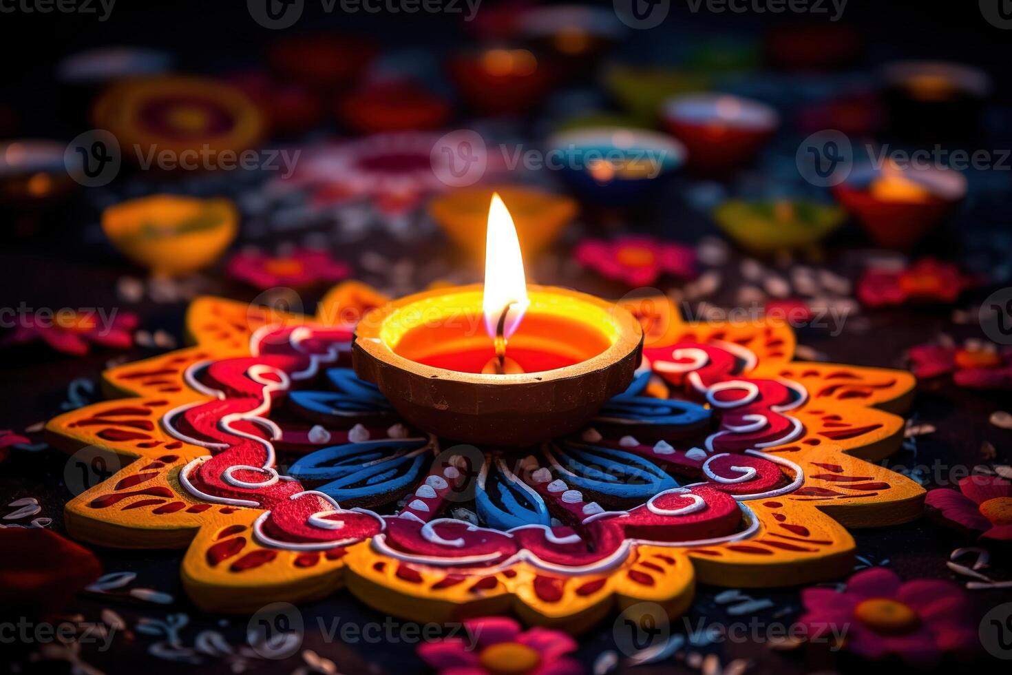 AI Generated Happy Diwali - Colorful clay diya lamps lit during diwali celebration with copy space photo