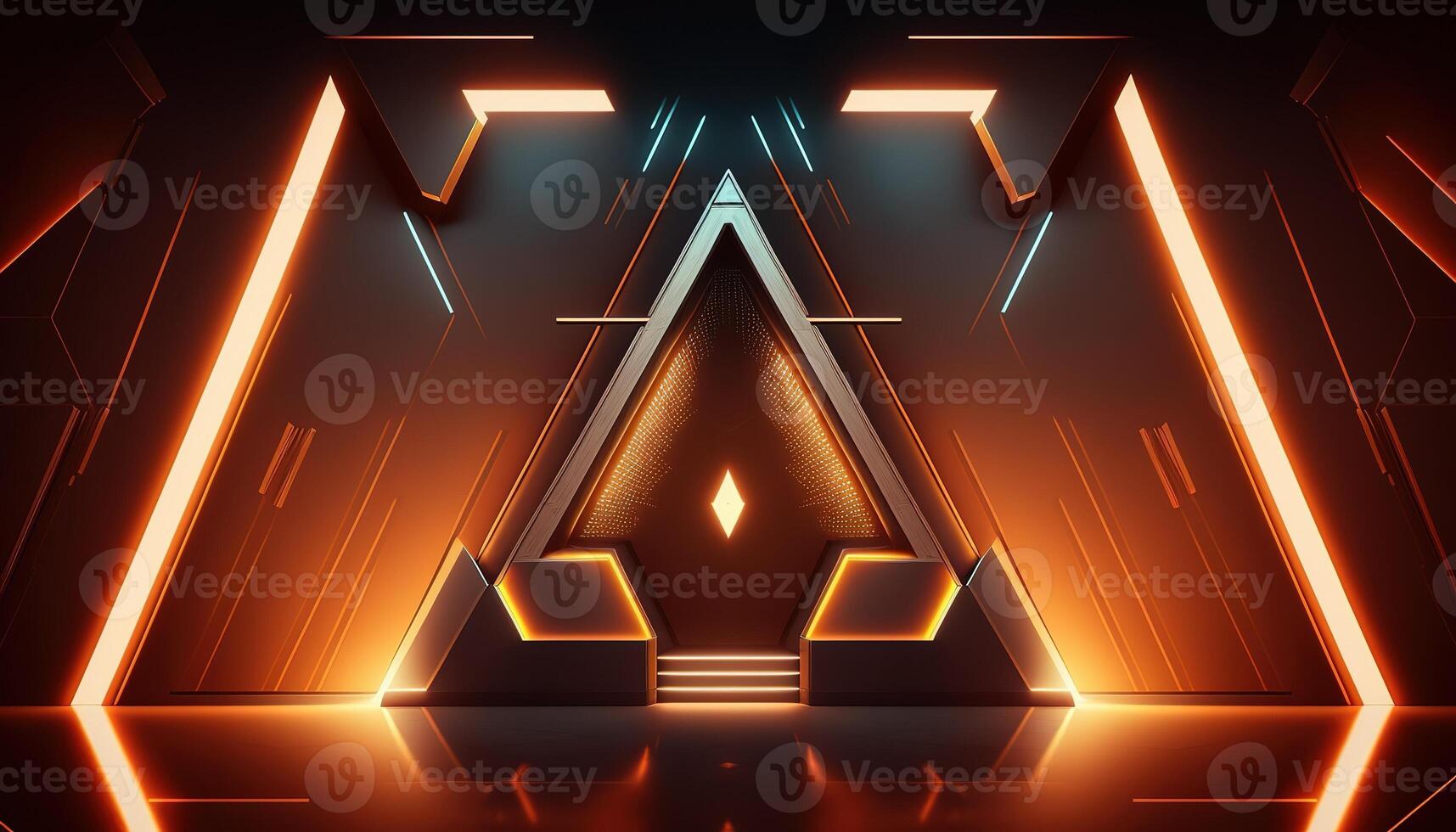 AI Generated Futuristic portal. Science fiction podium, pedestal, platform. Modern empty cyberpunk space. Technological background. Sky-fi digital hi-tech elements for presentation product. AI photo