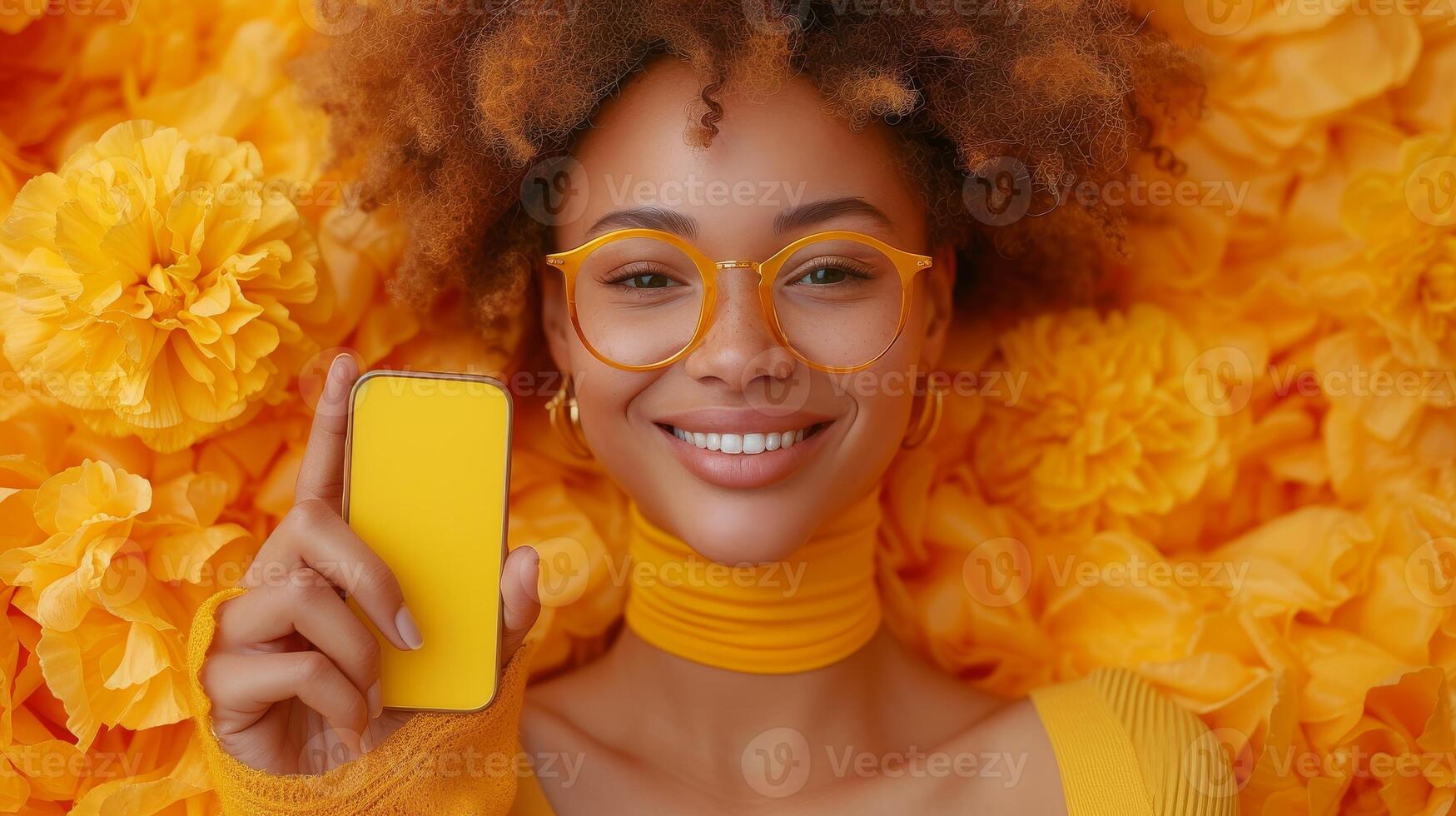 AI Generated A young, overjoyed millennial woman standing isolated over an orange background reacts to a great mobile offer. Excited Lady Pointing Finger At Smartphone In Her Hand. photo