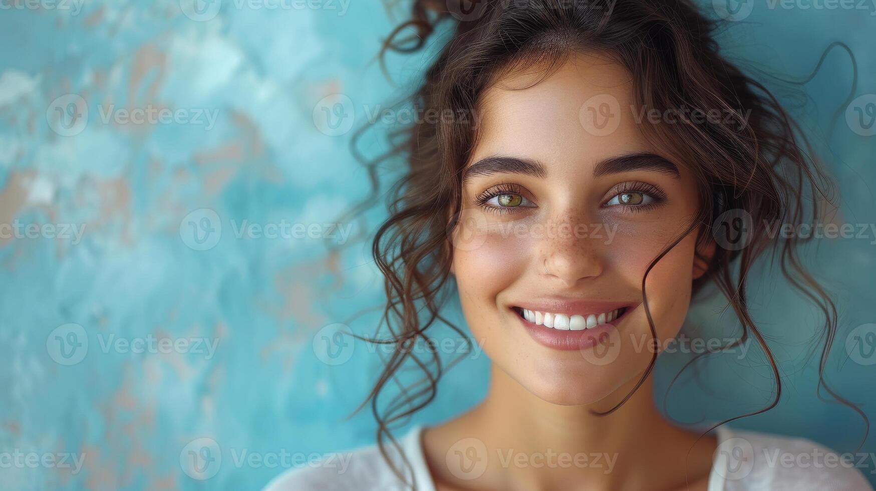 AI Generated Smiling latin girl holding laptop presenting online job search website, online shopping website, online service advertisements isolated on blue background. photo