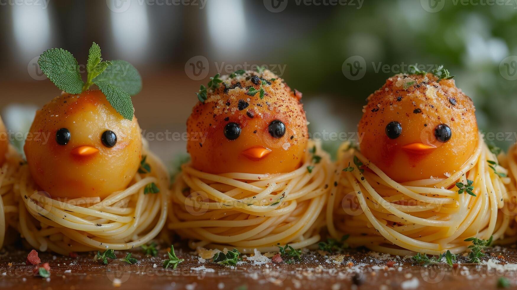 AI Generated Kids' spaghetti with meatballs. Nesting birds photo