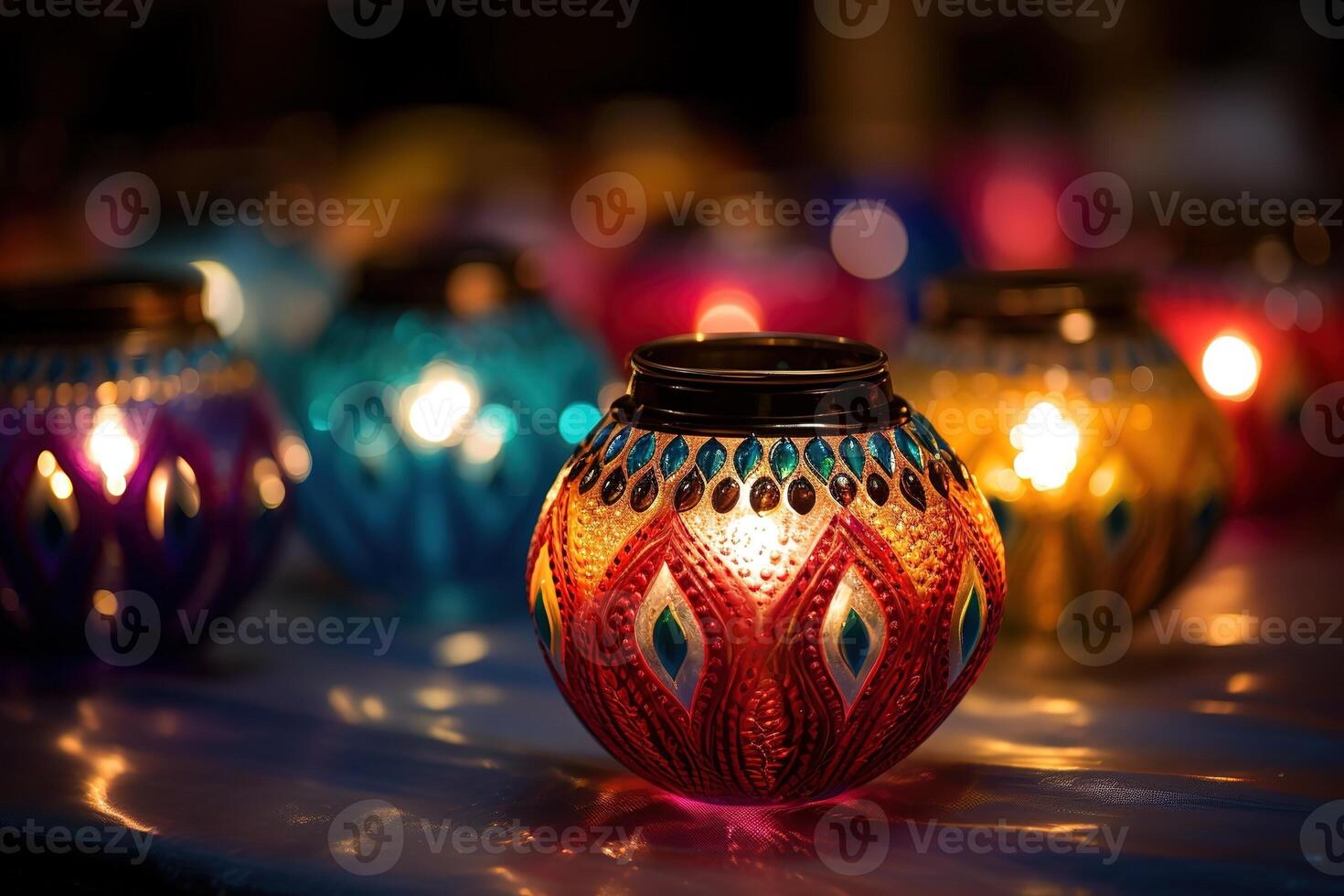 AI Generated Happy Diwali - Colorful clay diya lamps lit during diwali celebration with copy space photo