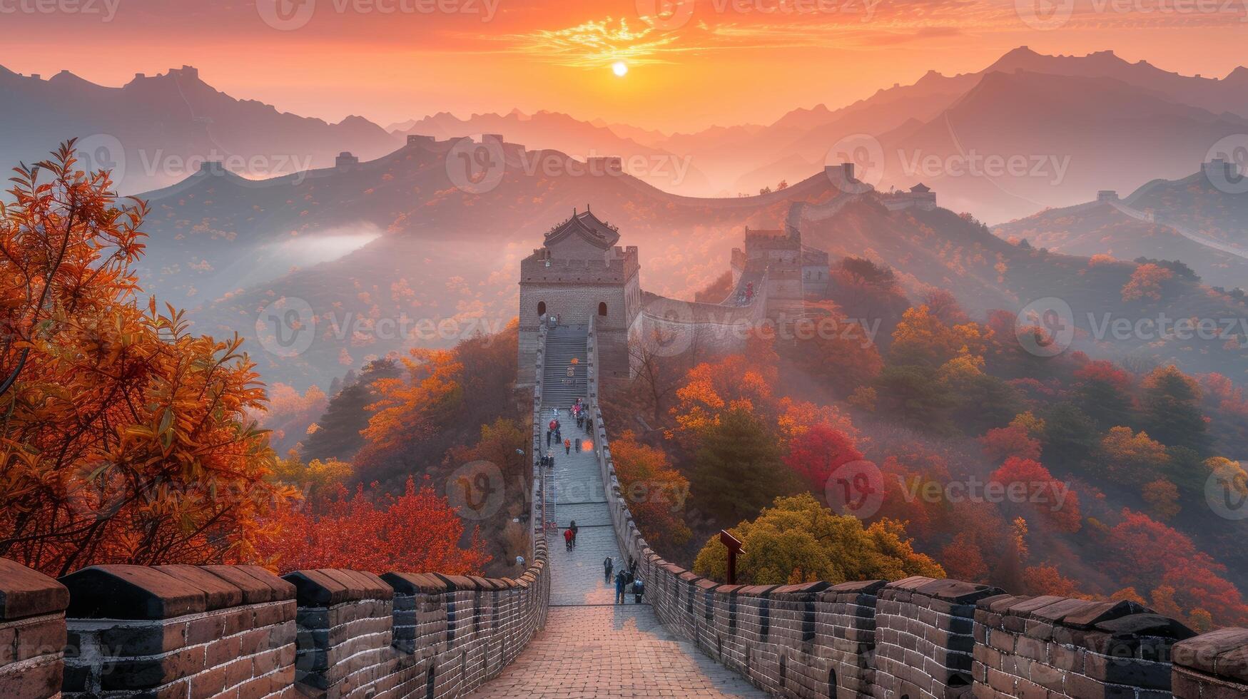 AI Generated The Great Wall in Badaling, China on October 17, 2020 with a lot of visitors on a sunny day. photo