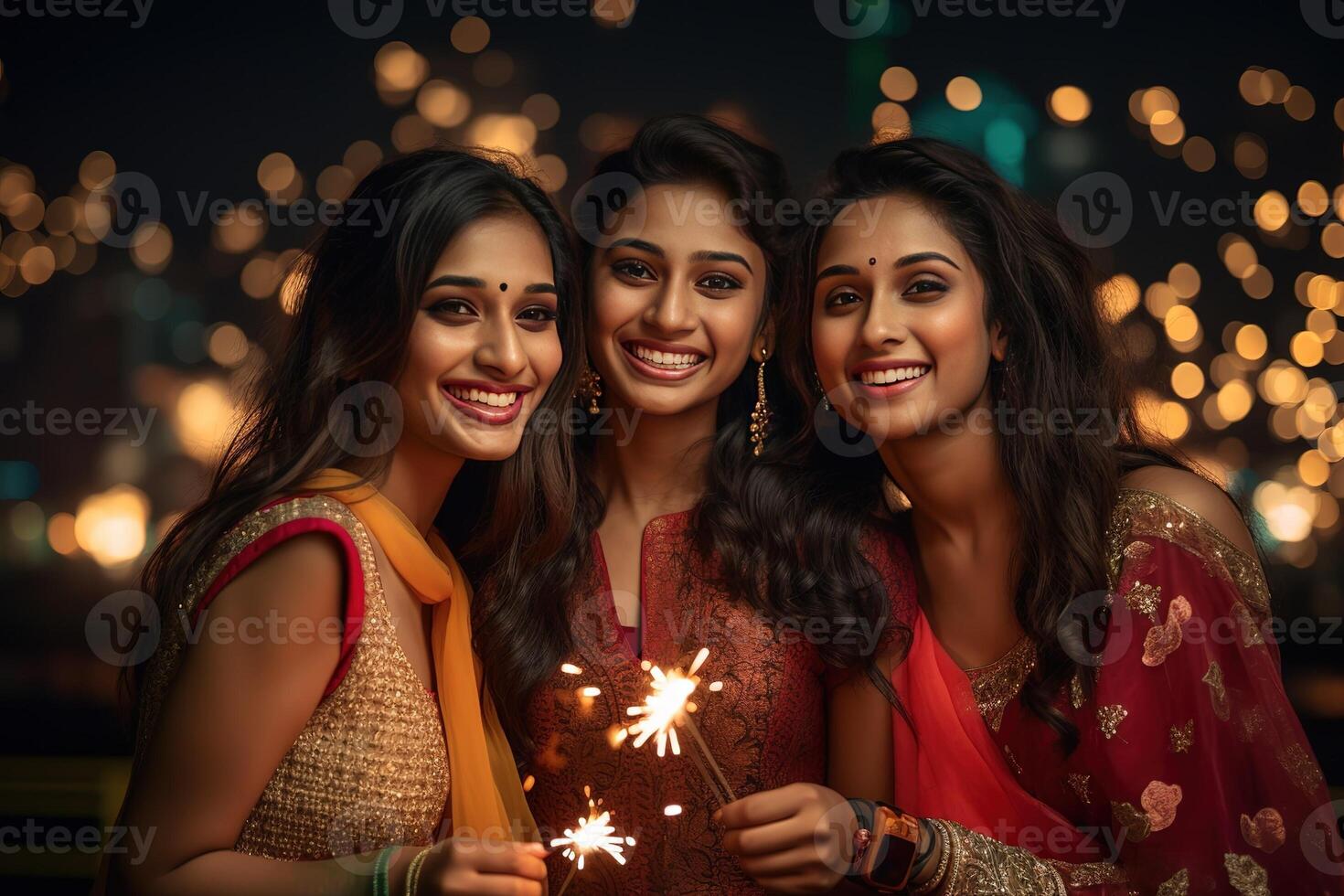 AI Generated Young beautiful Indian women at the Diwali celebration photo