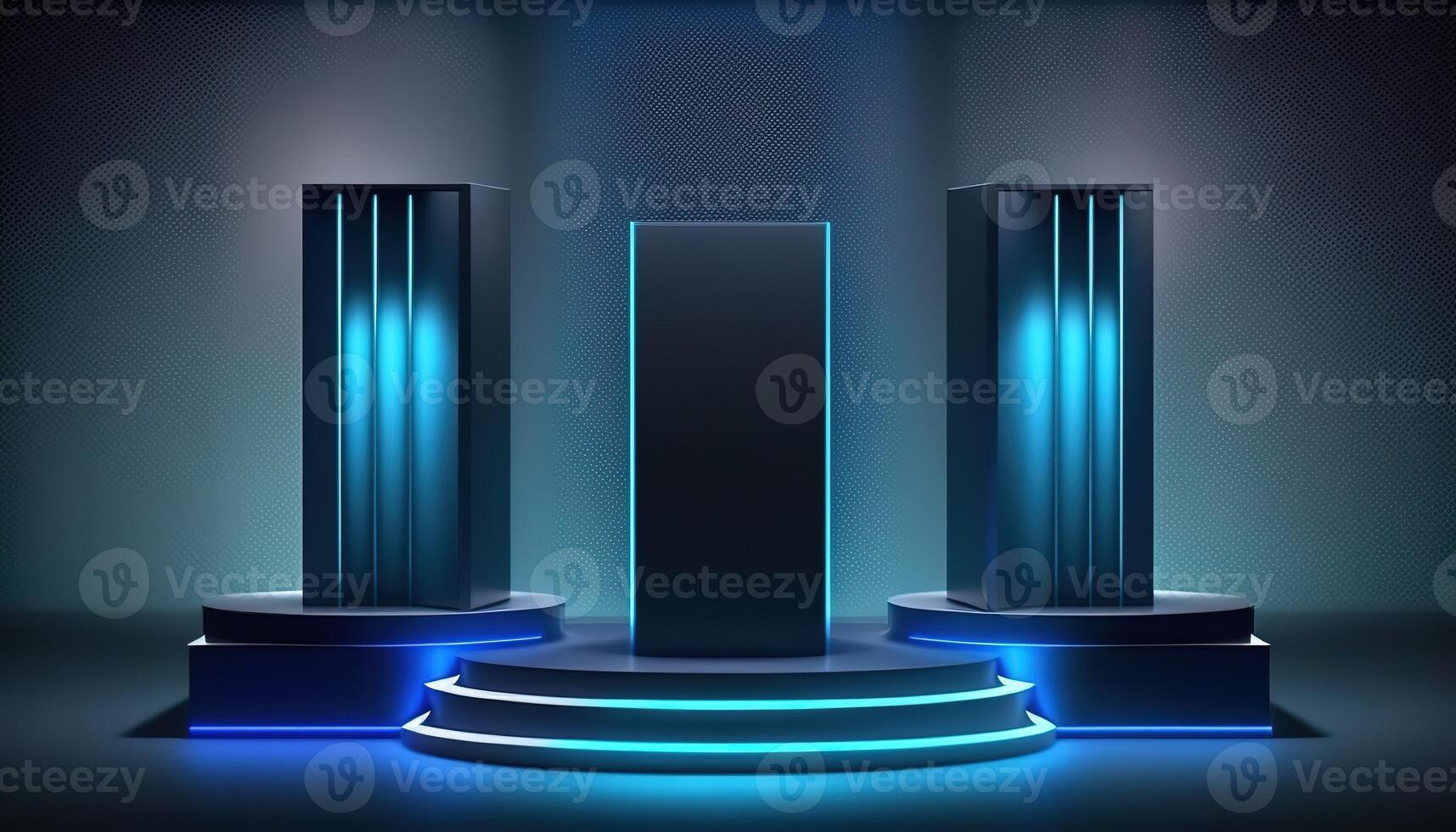 AI Generated Futuristic portal. Science fiction podium, pedestal, platform. Modern empty cyberpunk space. Technological background. Sky-fi digital hi-tech elements for presentation product. AI photo