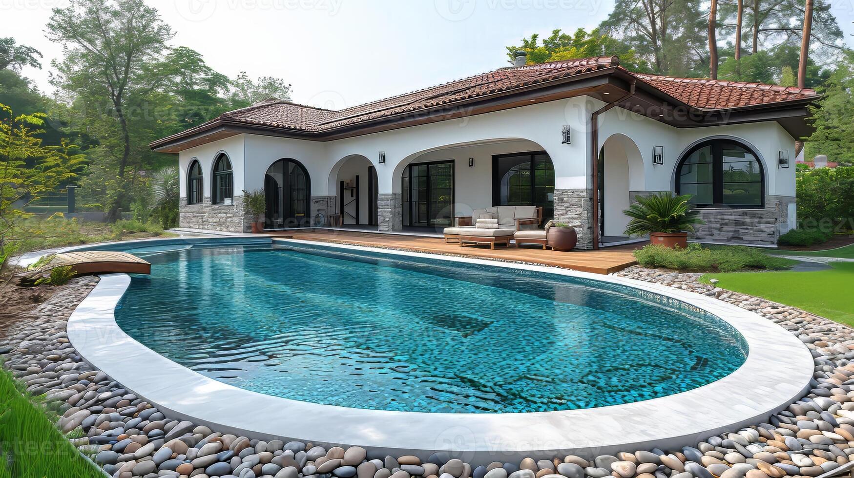 AI Generated In the garden and terrace of the house, there is a swimming pool photo