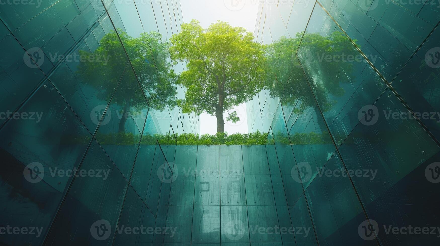 AI Generated Eco-friendly building. Green building with trees for reducing carbon dioxide. Green office with green environment. Corporate building reduce CO2. Safety glass. photo