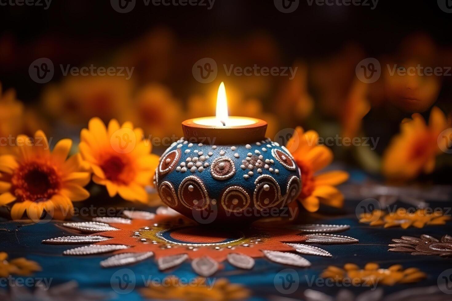 AI Generated Oil lamps lit on colorful rangoli during diwali celebration photo