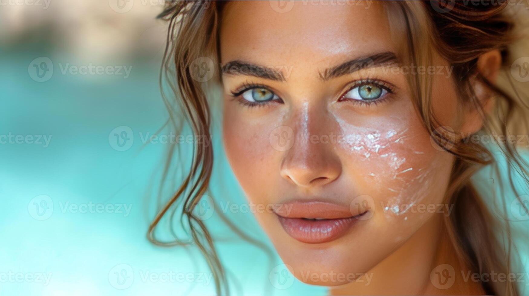 Young beautiful woman applies cream on clean perfect skin. photo