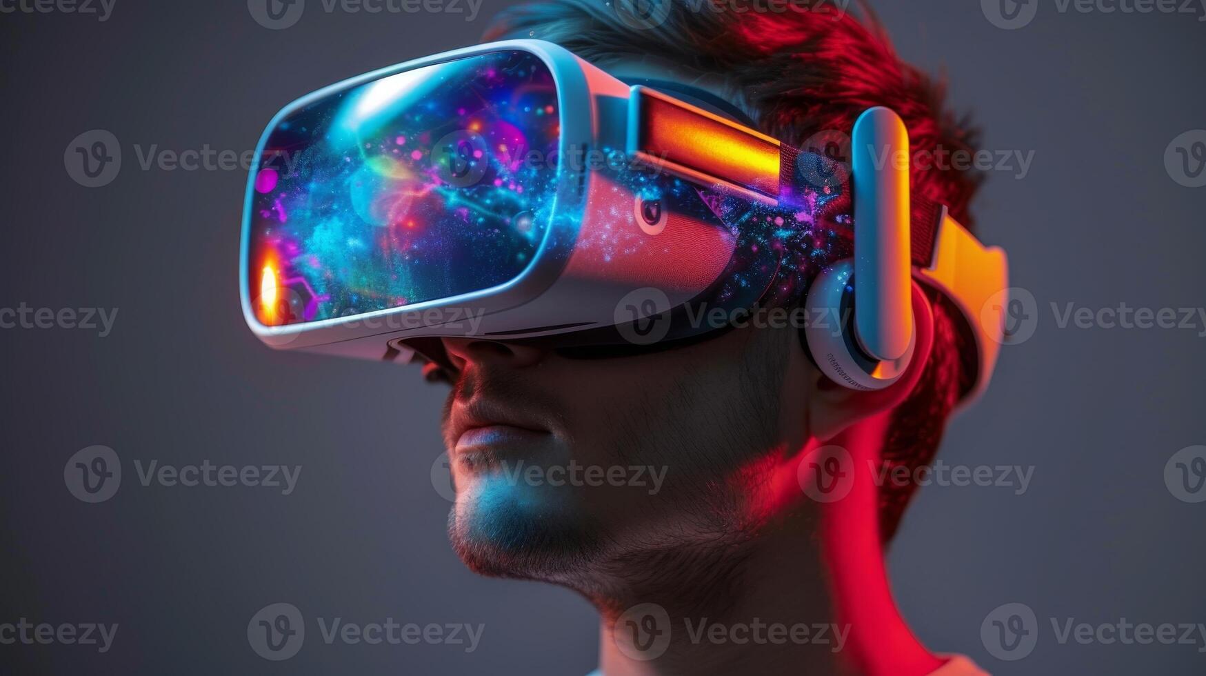 AI Generated Young man using virtual reality headset. Drawing of a young man using a virtual reality headset. Virtual reality, futuristic, gadgets, technology, online education, studying, video game photo