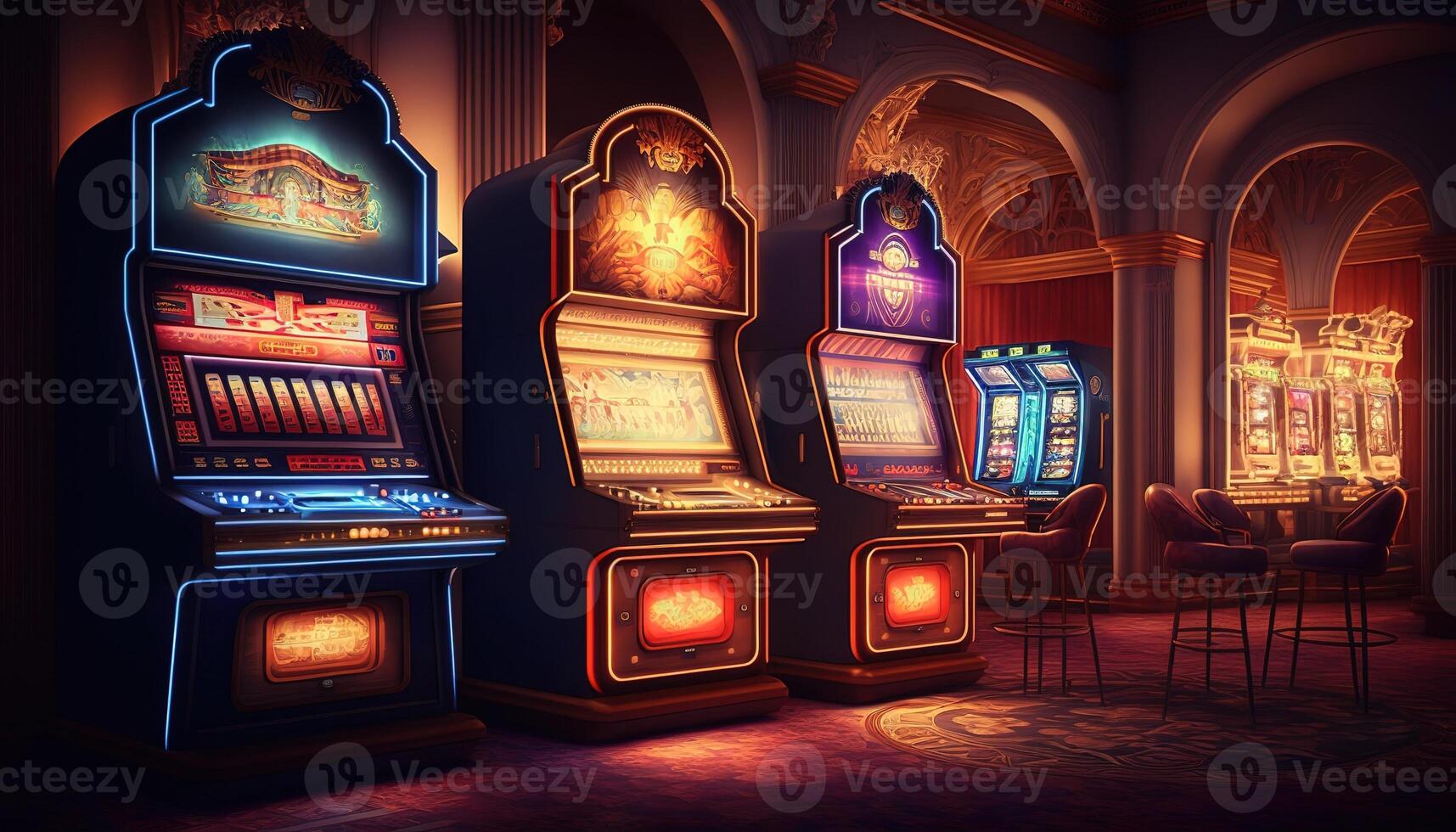 AI Generated Slot machines.Web banner for game design, flyer, poster, banner, online casino advertising. AI photo