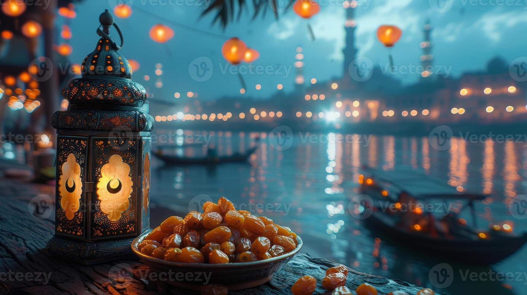 AI Generated During the Muslim feast of Ramadan Kareem, a lantern with a moon symbol on the top and a plate of dates fruits are shown with bokeh light in the night sky. photo