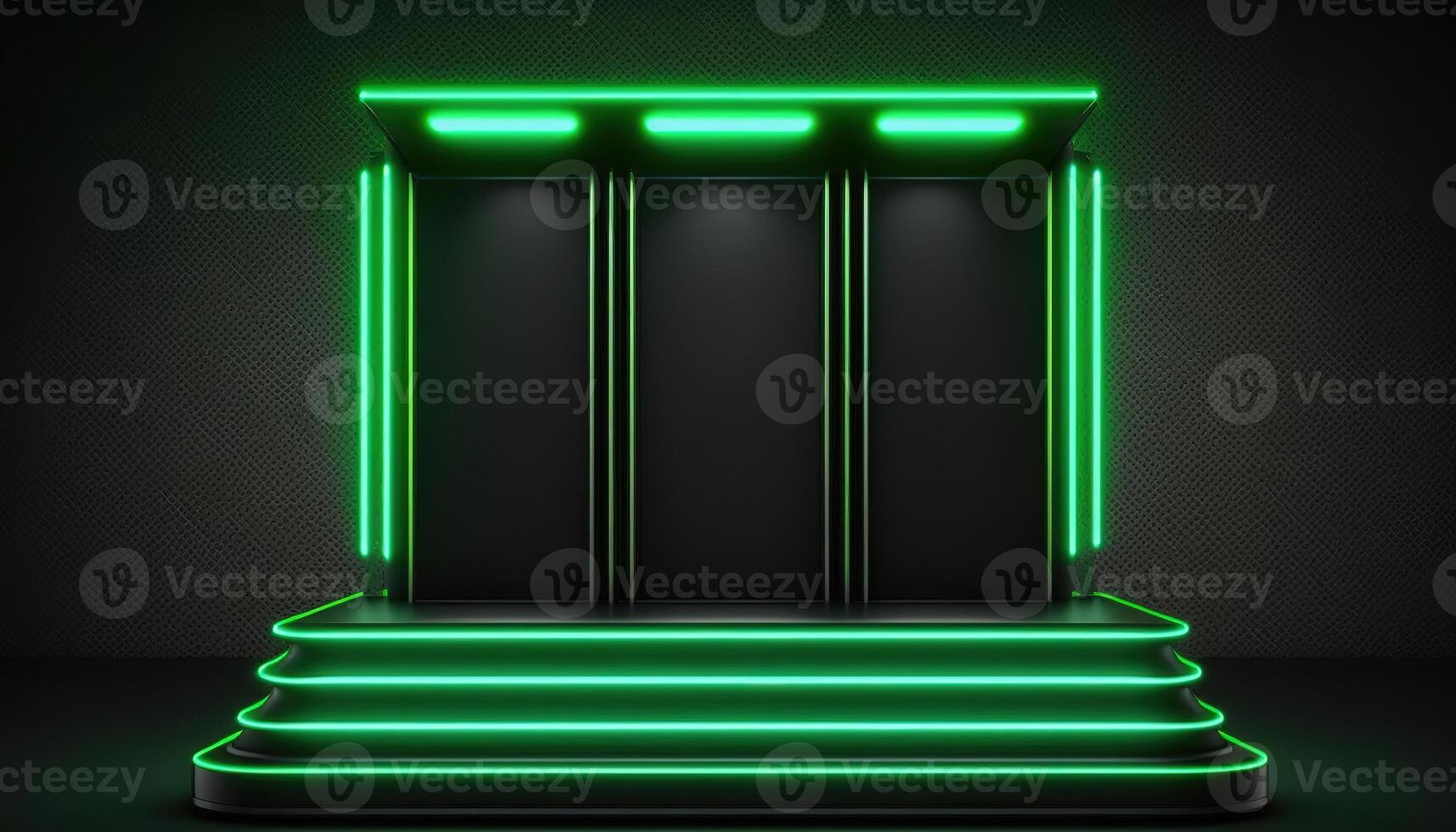 AI Generated Futuristic portal. Science fiction podium, pedestal, platform. Modern empty cyberpunk space. Technological background. Sky-fi digital hi-tech elements for presentation product. AI photo