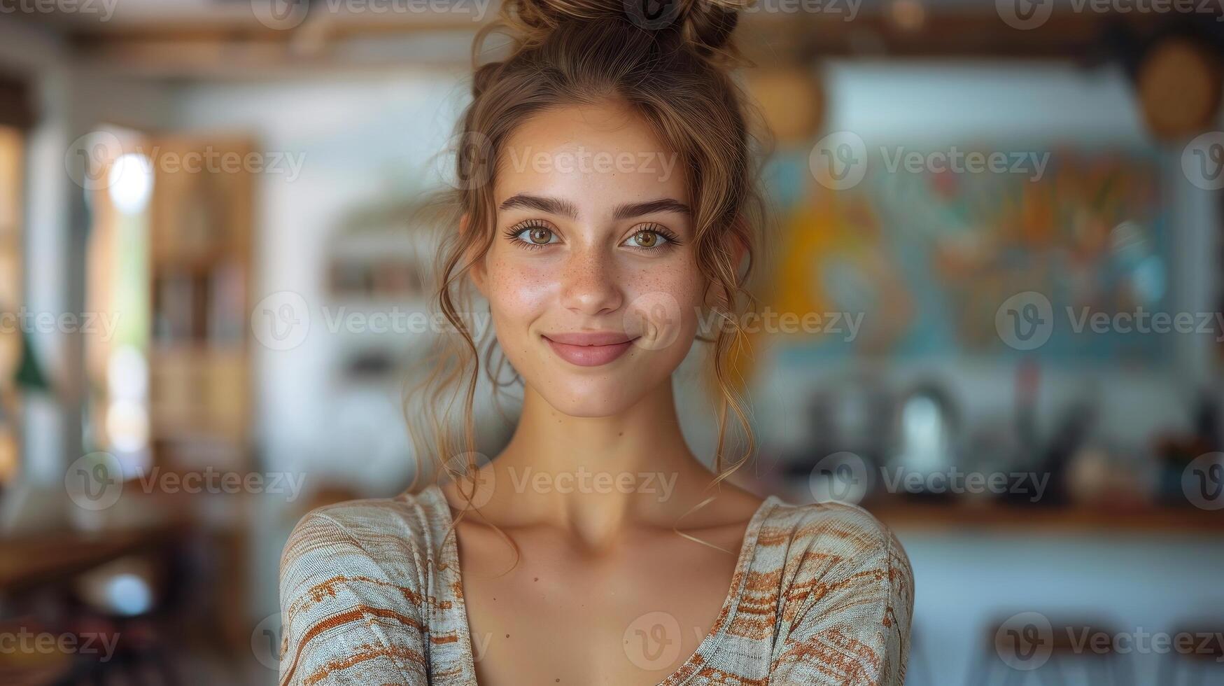AI Generated A smiling woman stands in a creative office with crossed arms. A successful business woman stands in a copy space. She looks at the camera and smiles. photo