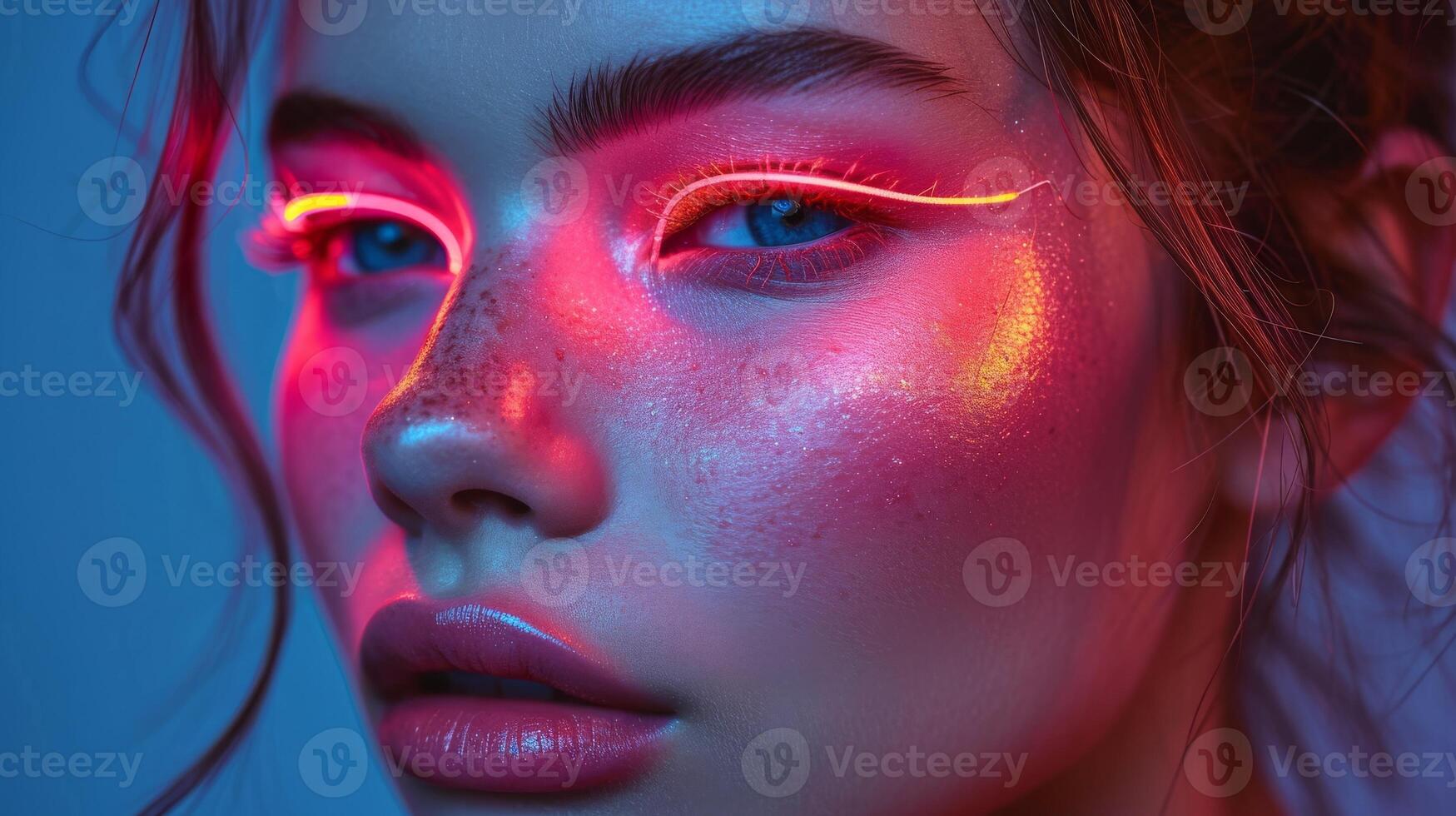 Young beautiful girl with magenta neon lighting. photo