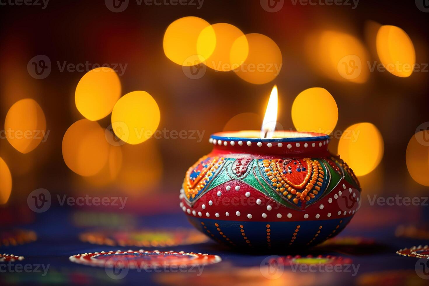 AI Generated Diya lights lamps on multicolored rangoli. photo