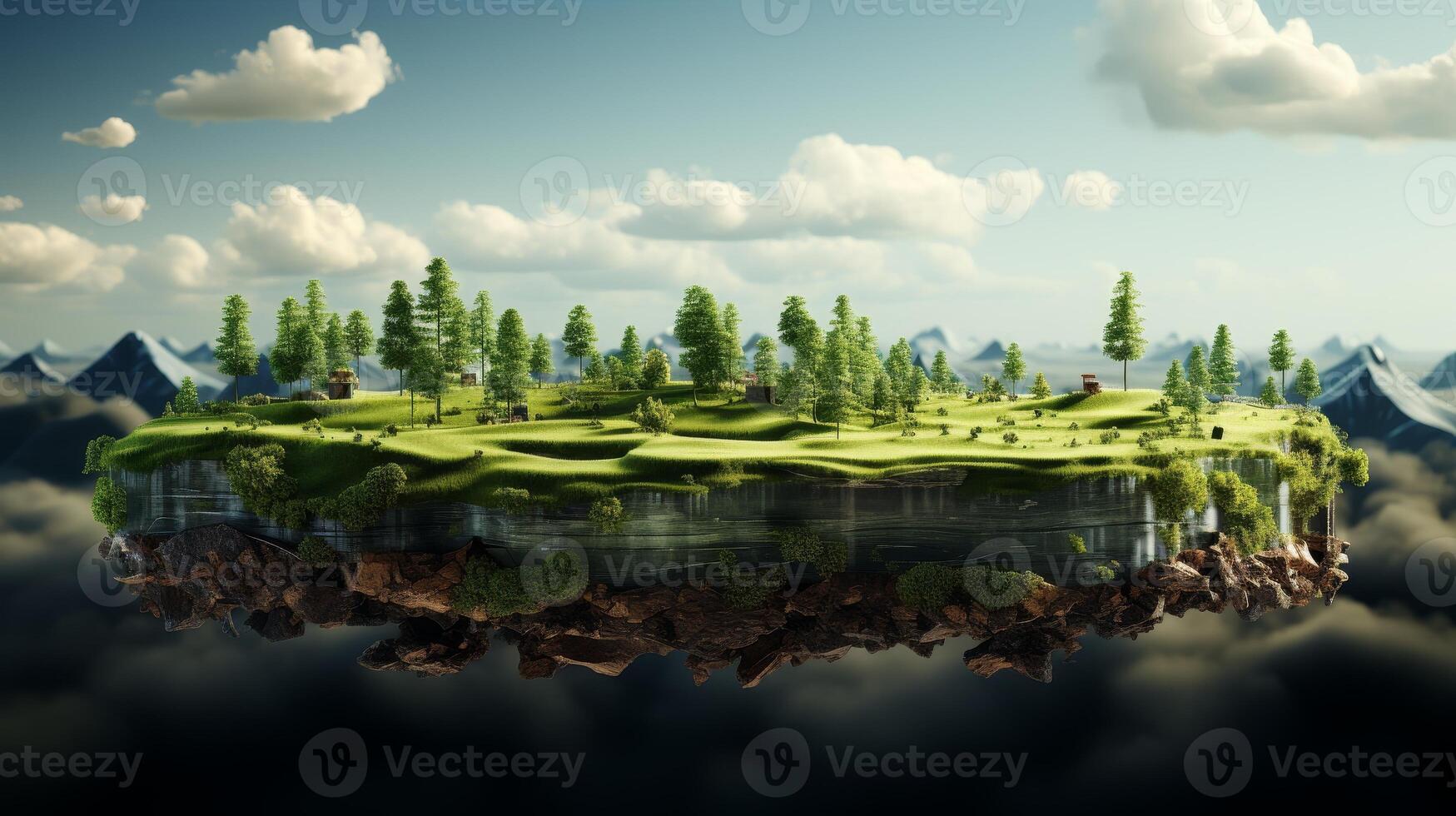 AI Generated Isolated grass field in air with clouds and a green grass surface. 3D rendered, isolated grass field flying in air with clouds. photo