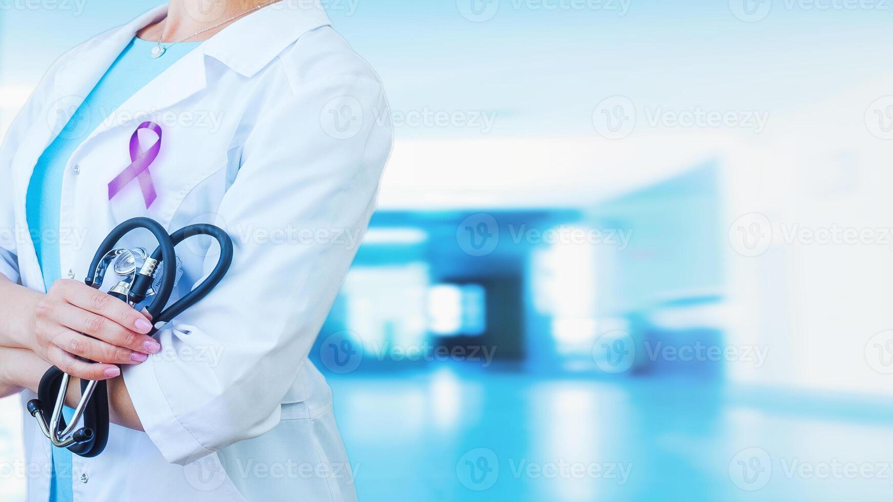 Female Doctor in the Hospital or Office. Concept Of Medical Technology and Healthcare Business. Blue Background photo