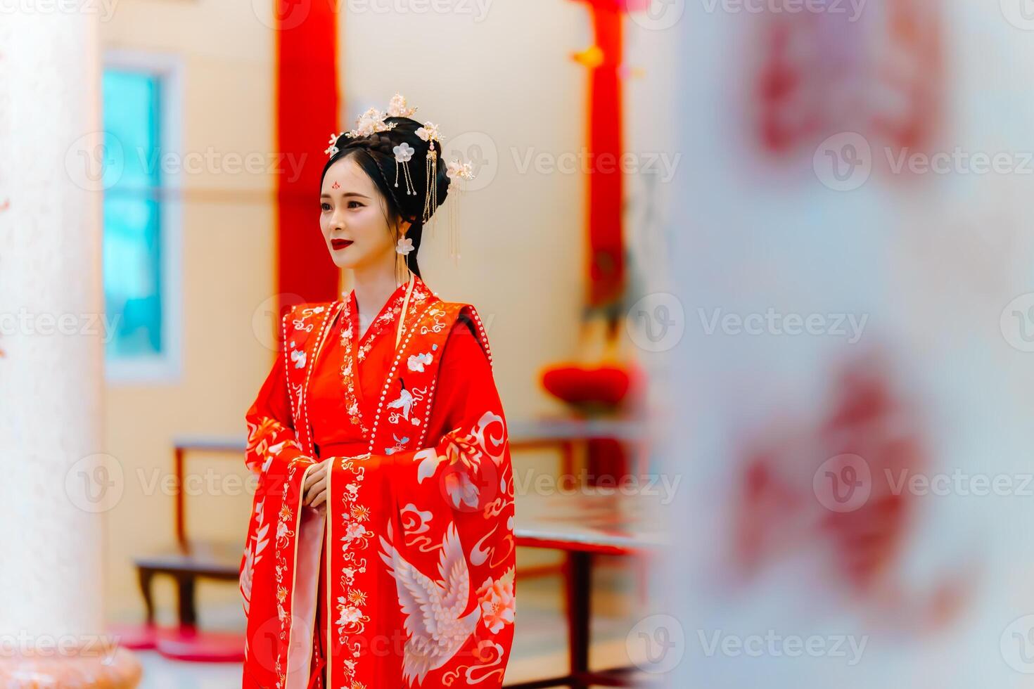 mujer vestir China nuevo año. retrato de un mujer. persona en tradicional traje. mujer en tradicional traje. hermosa joven mujer en un brillante rojo vestir y un corona de chino reina posando foto