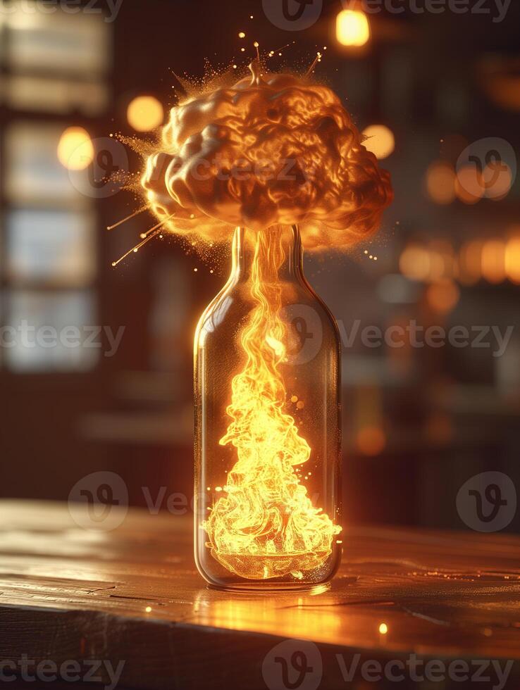 AI generated Nuclear explosion captured Inside a bottle photo