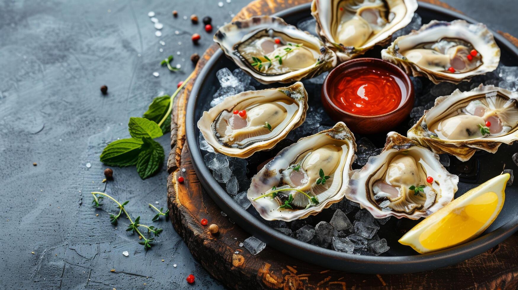 AI generated Fresh Oysters with Lemon and Sauce photo