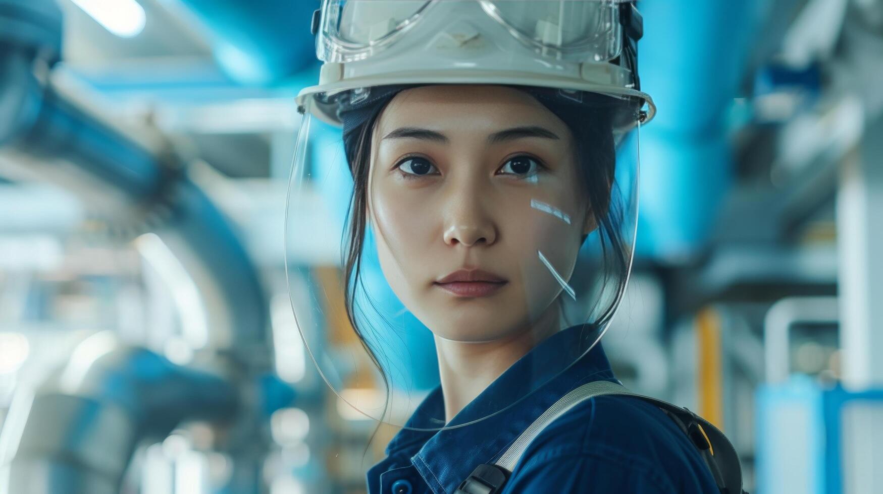 AI generated an engineer with a safety face shield standing in front of pipes, in the style of feminine empowerment photo