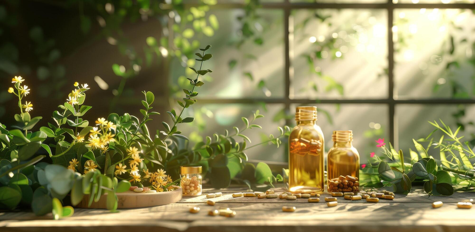 AI generated health supplements and herbs at the table on a wooden table photo