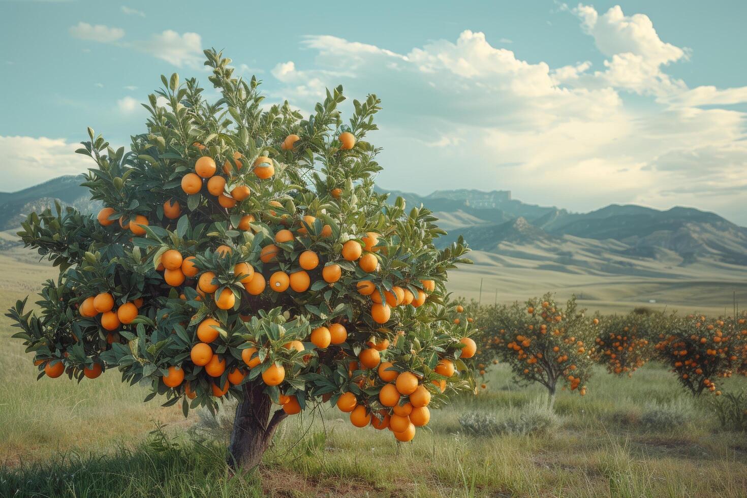 ai generado abundante naranja cosecha en pastoral paisaje foto