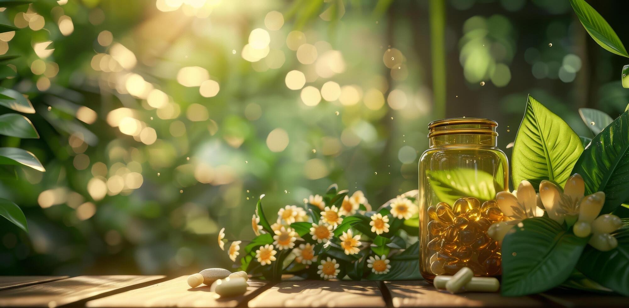 AI generated health supplements and herbs at the table on a wooden table photo