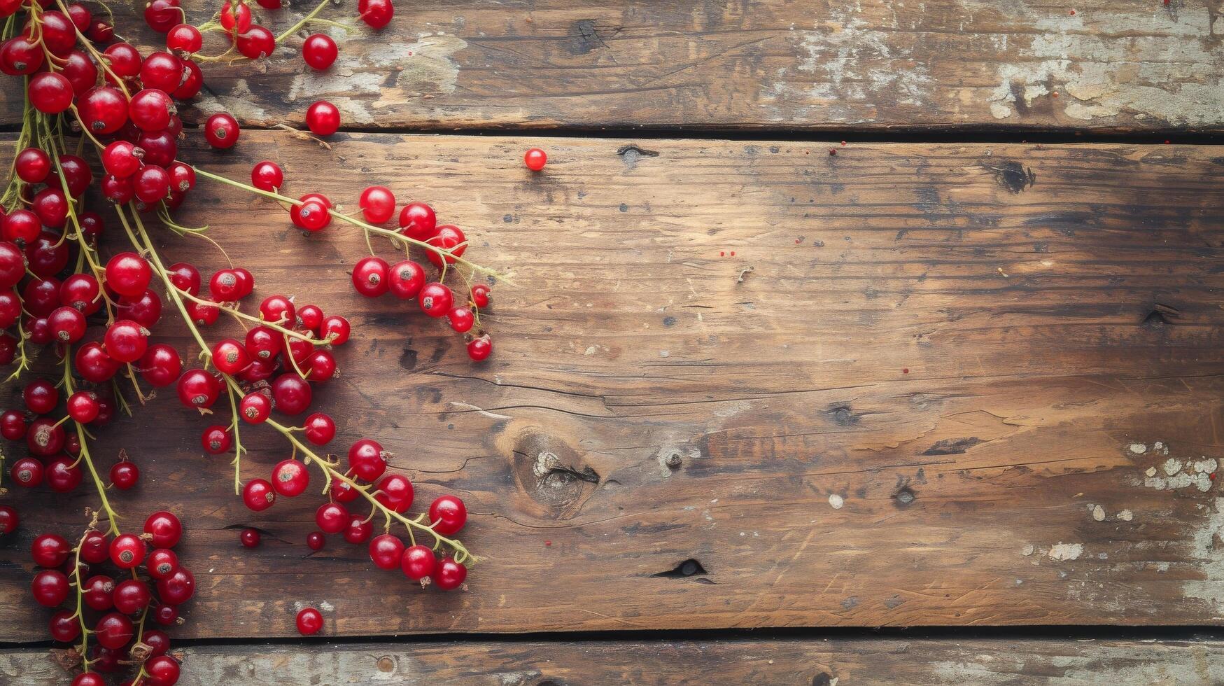 ai generado rojo grosella bayas mentira en un rústico de madera mesa foto