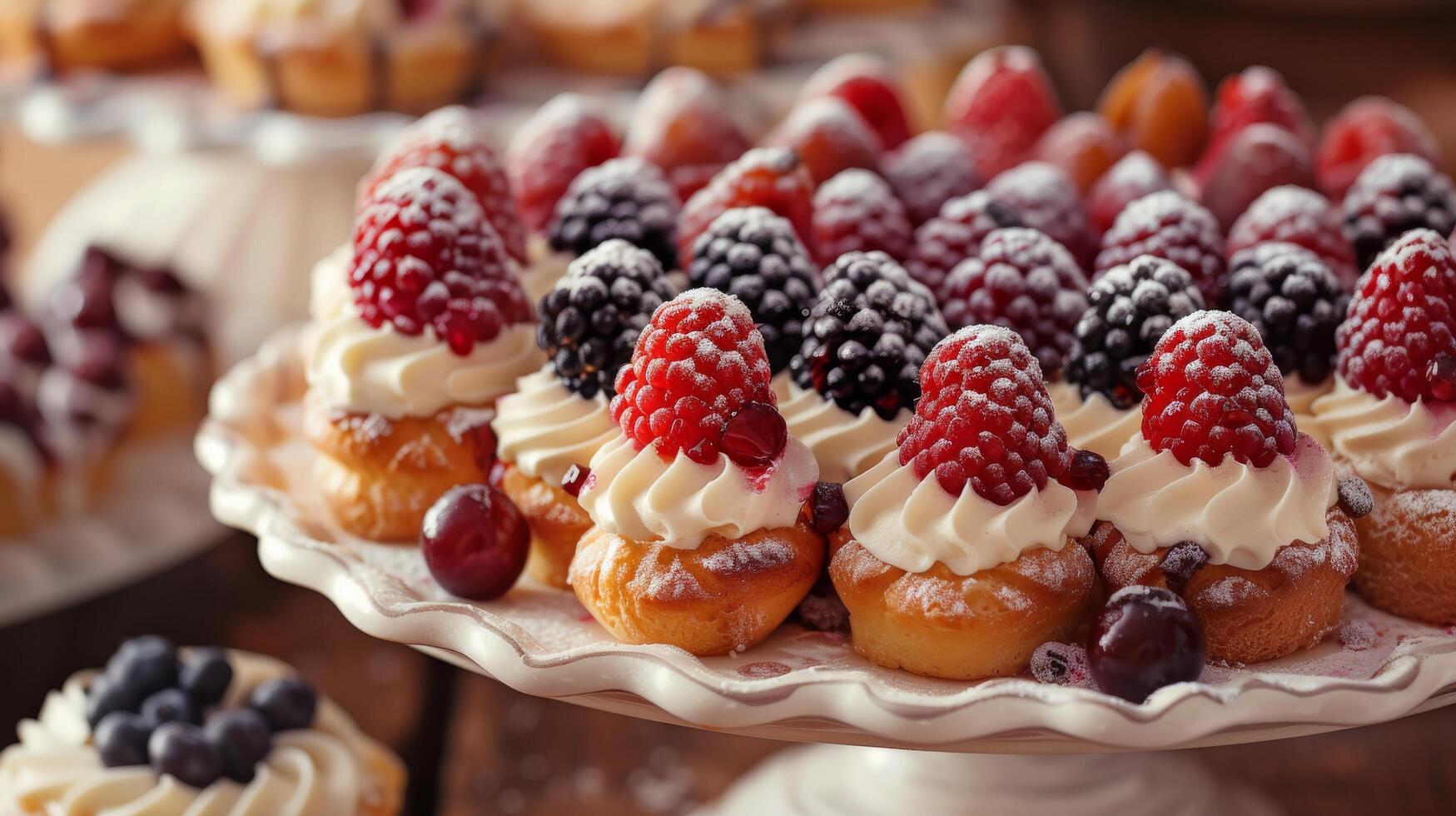 AI generated A tray of delicate pastries, each one a miniature work of art adorned with frosting, glaze, or fresh fruit photo