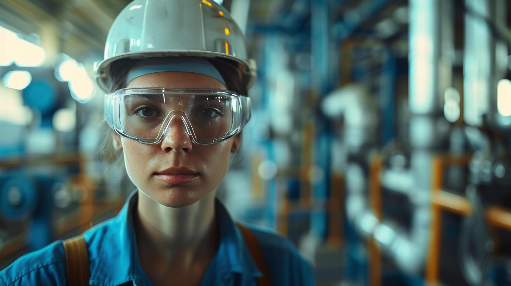 AI generated an engineer with a safety face shield standing in front of pipes, in the style of feminine empowerment photo