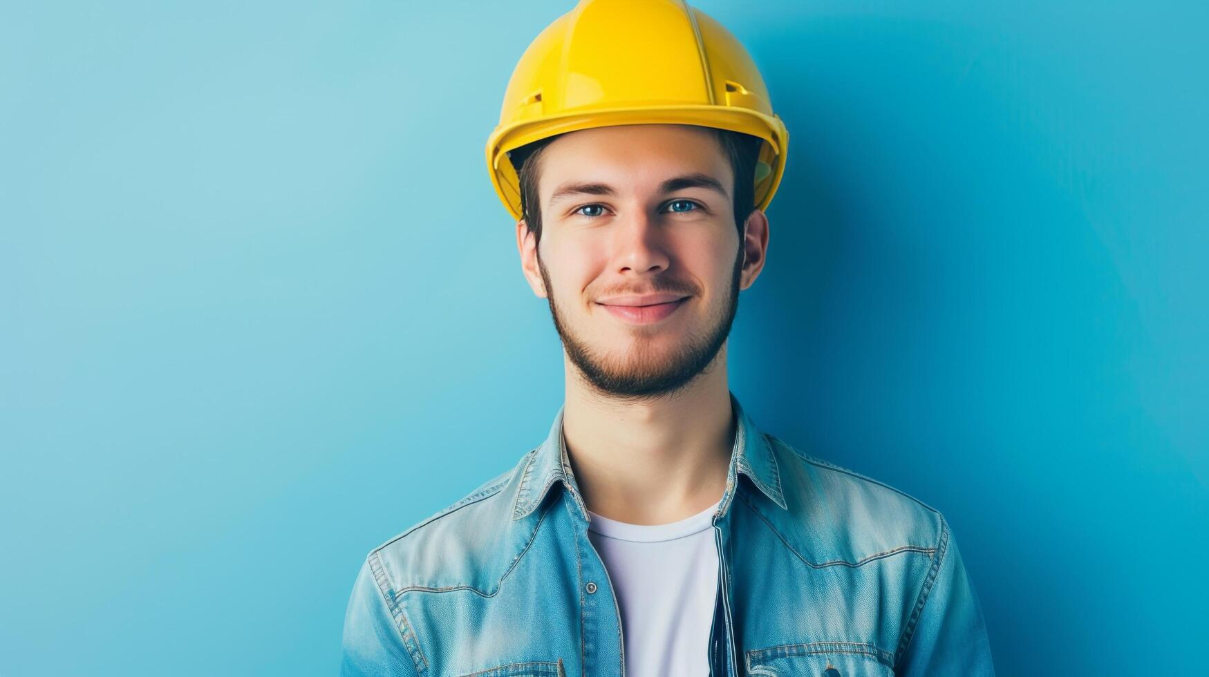 AI generated A young handsome man in a yellow construction helmet. photo