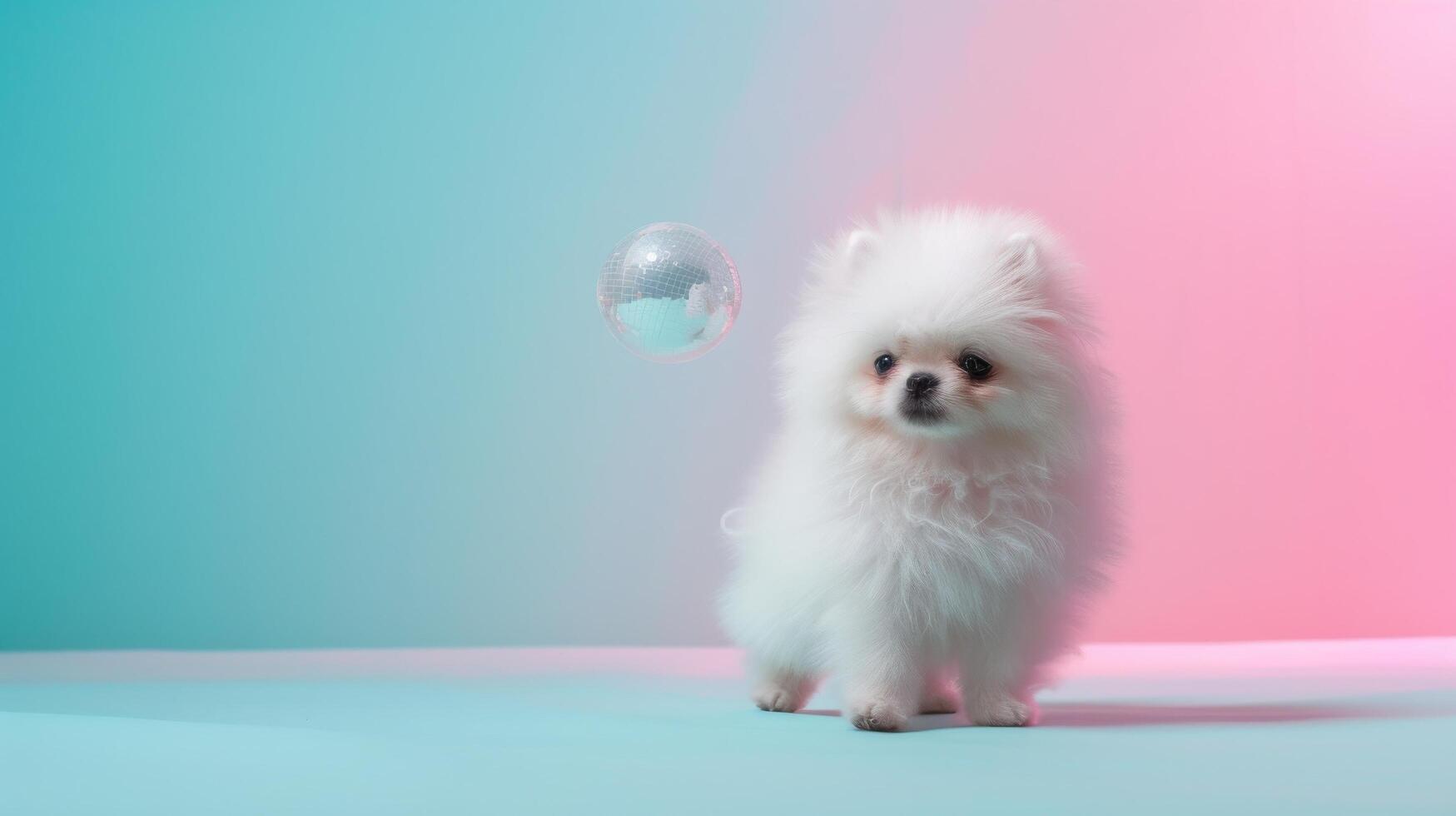 ai generado gracioso blanco mullido perro vestido en el estilo de un disco bailarín foto