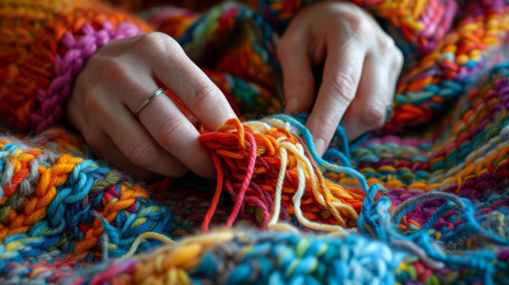 AI generated Close-up of hands knitting, showcasing intricate patterns and soft yarn textures photo