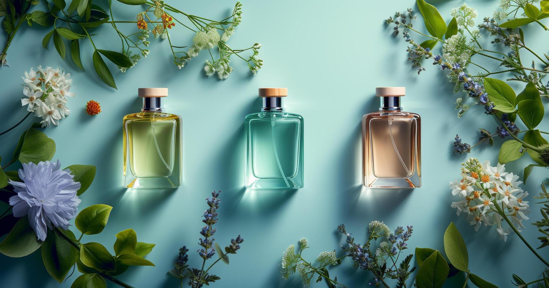 AI generated 3 bottles of perfume on a blue background photo