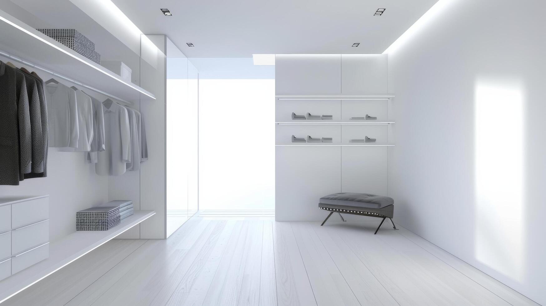 AI generated Beautiful modern dressing room of a lonely man, large copyspace area photo