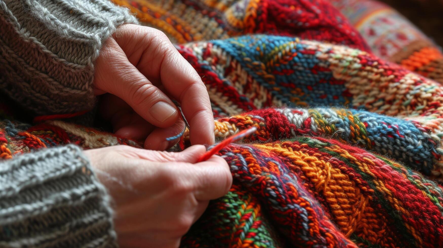 AI generated Close-up of hands knitting, showcasing intricate patterns and soft yarn textures photo