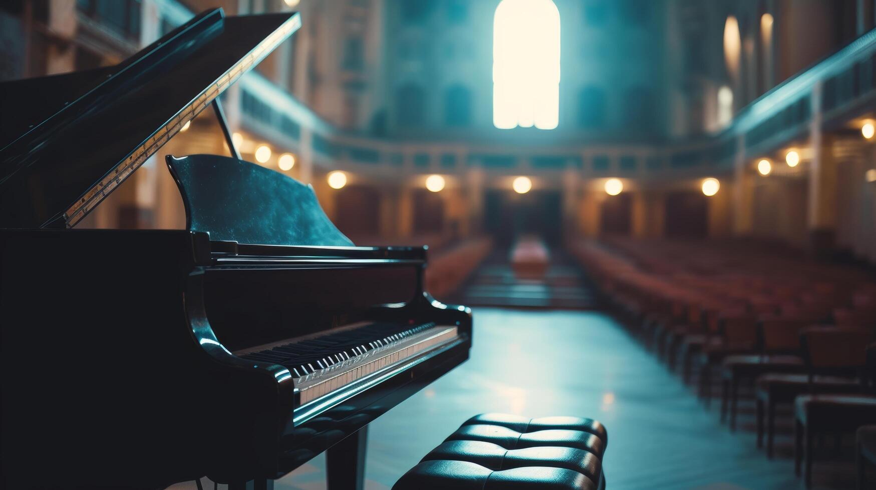 ai generado un grandioso piano en un elegante concierto sala, esperando el del pianista toque a llenar el espacio con melodía foto