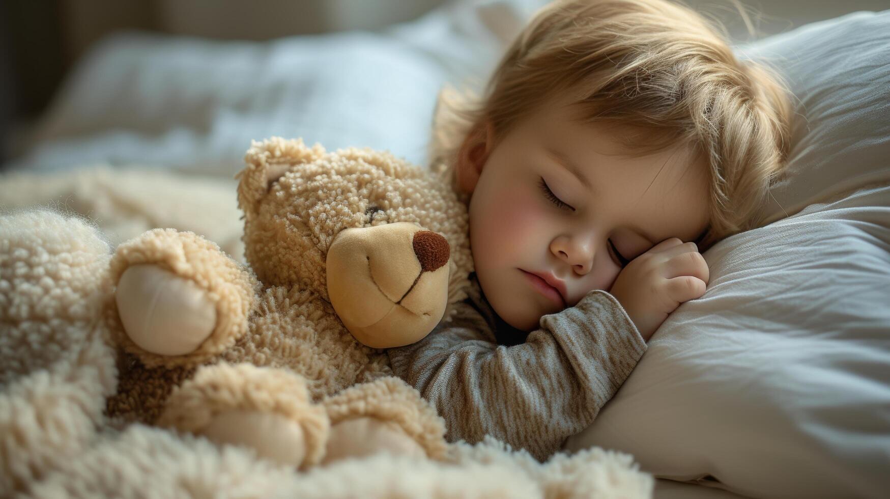 AI generated A little one fast asleep, clutching their favorite stuffed animal in a peaceful slumber photo
