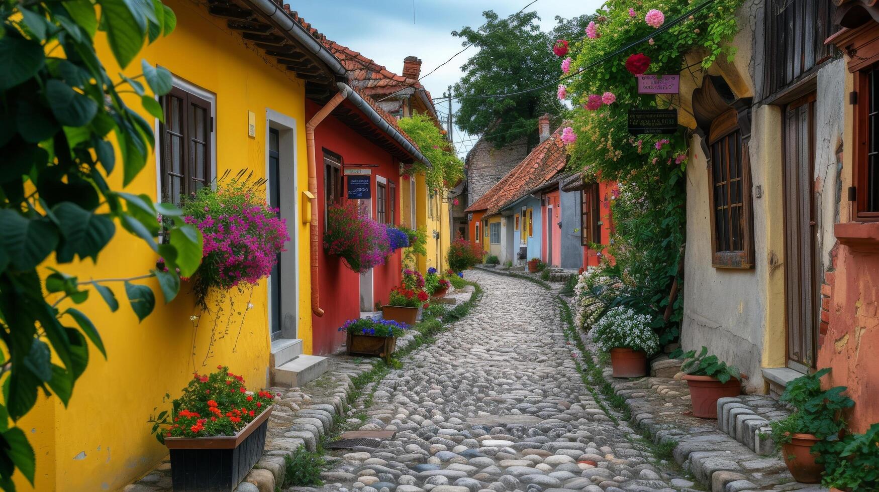 ai generado un devanado guijarro calle en un europeo aldea, forrado con vistoso casas y floreciente flor cajas foto