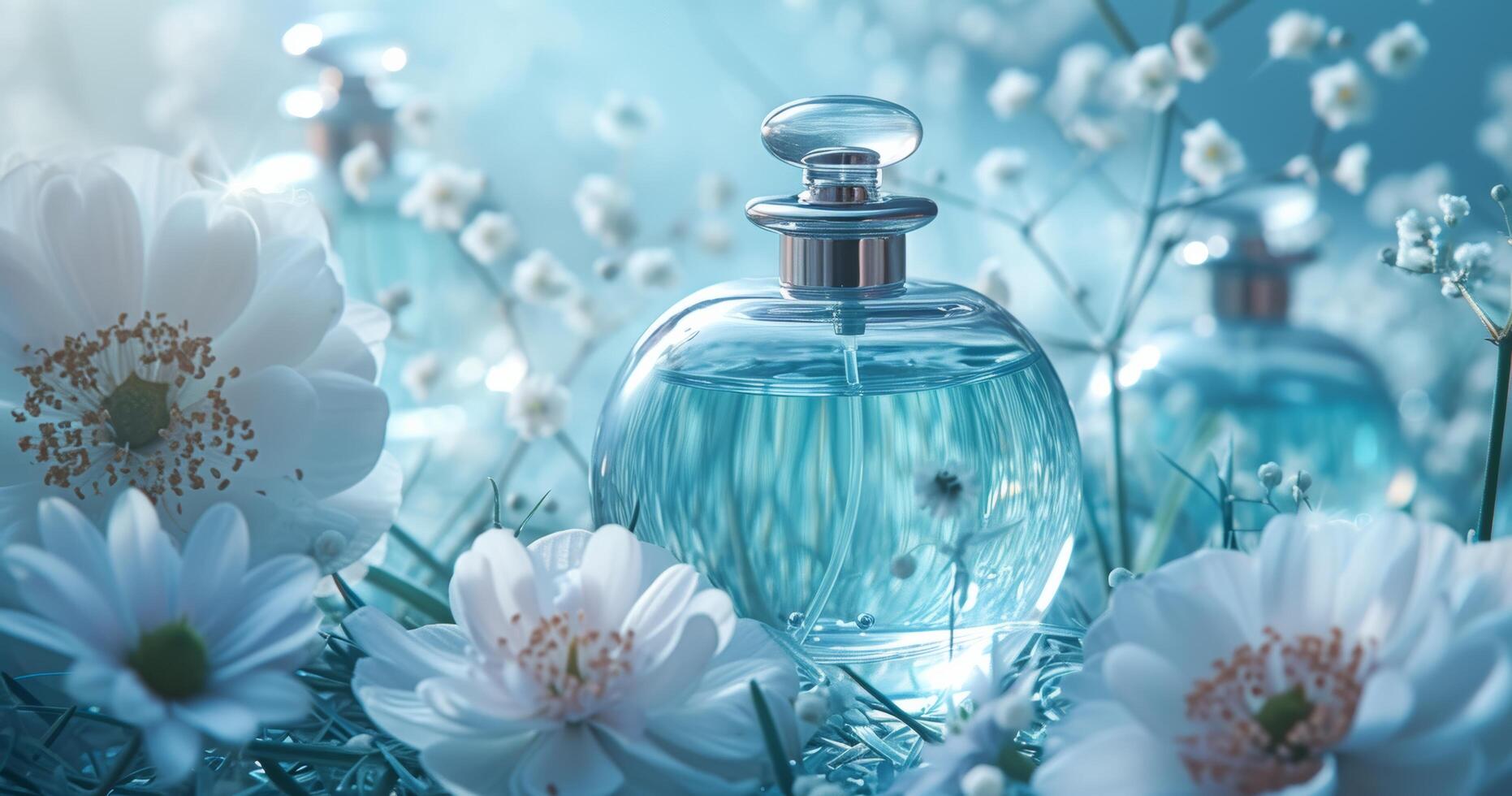 AI generated catrice perfume bottles with flowers and blue grass photo