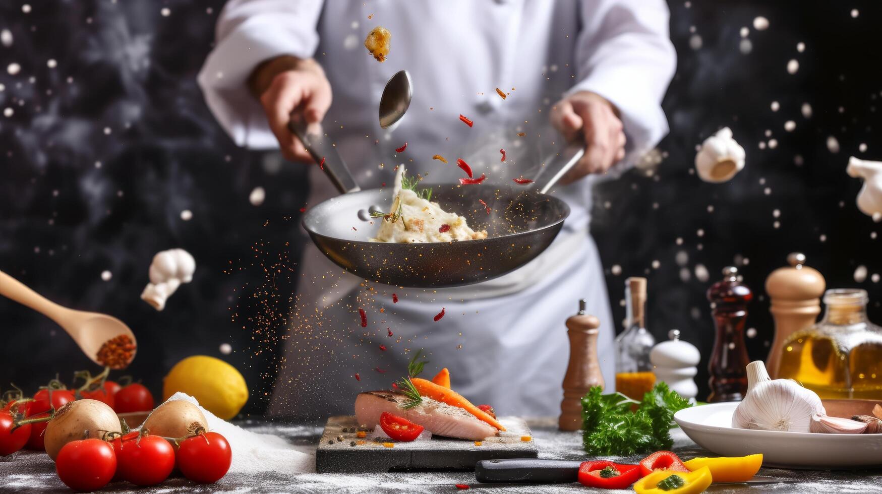 AI generated A detailed capture of a chef passionately cooking, with ingredients and kitchen utensils in motion photo
