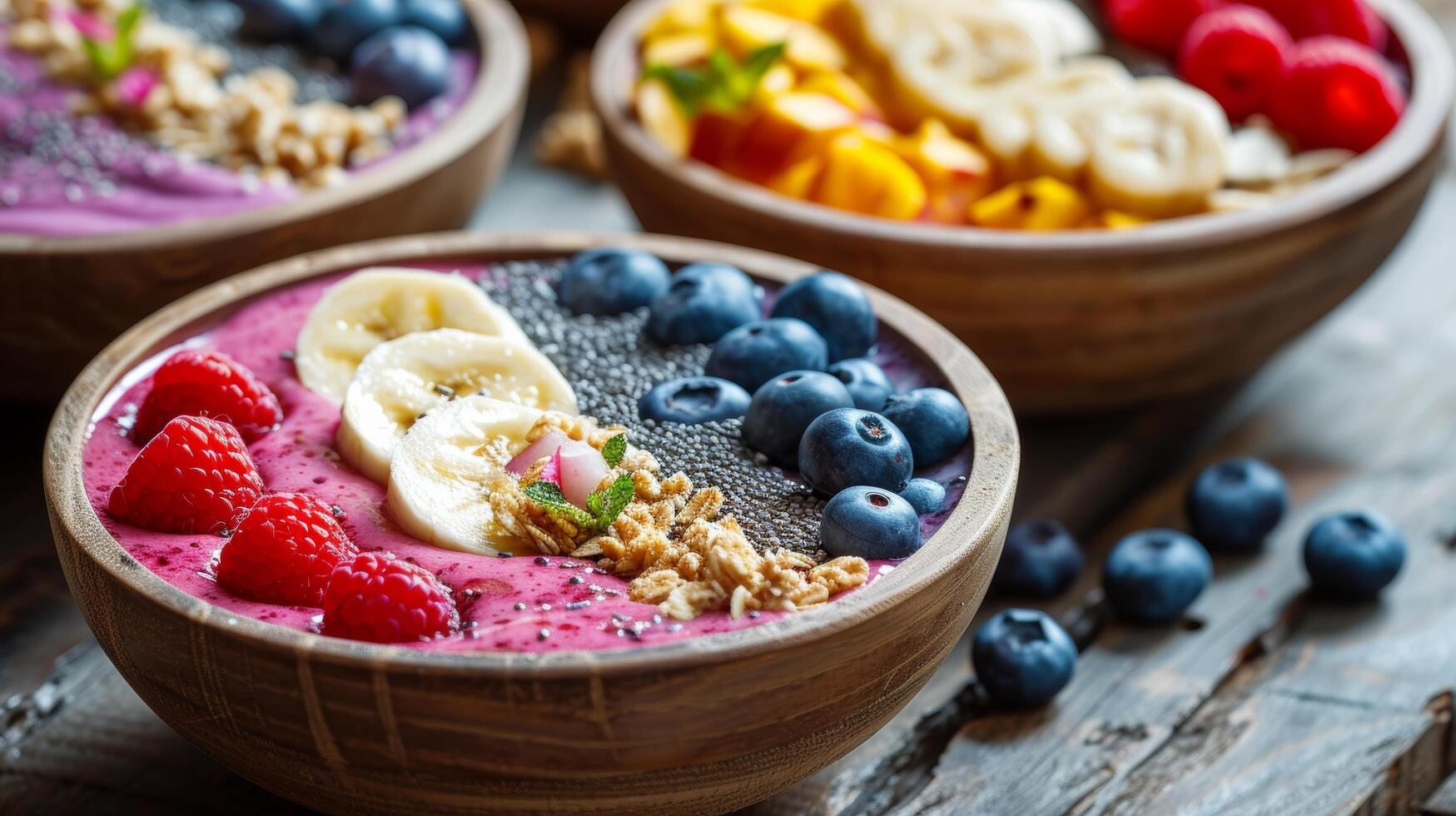 AI generated Smoothie bowls adorned with nutritious toppings, appealing to health-conscious individuals photo