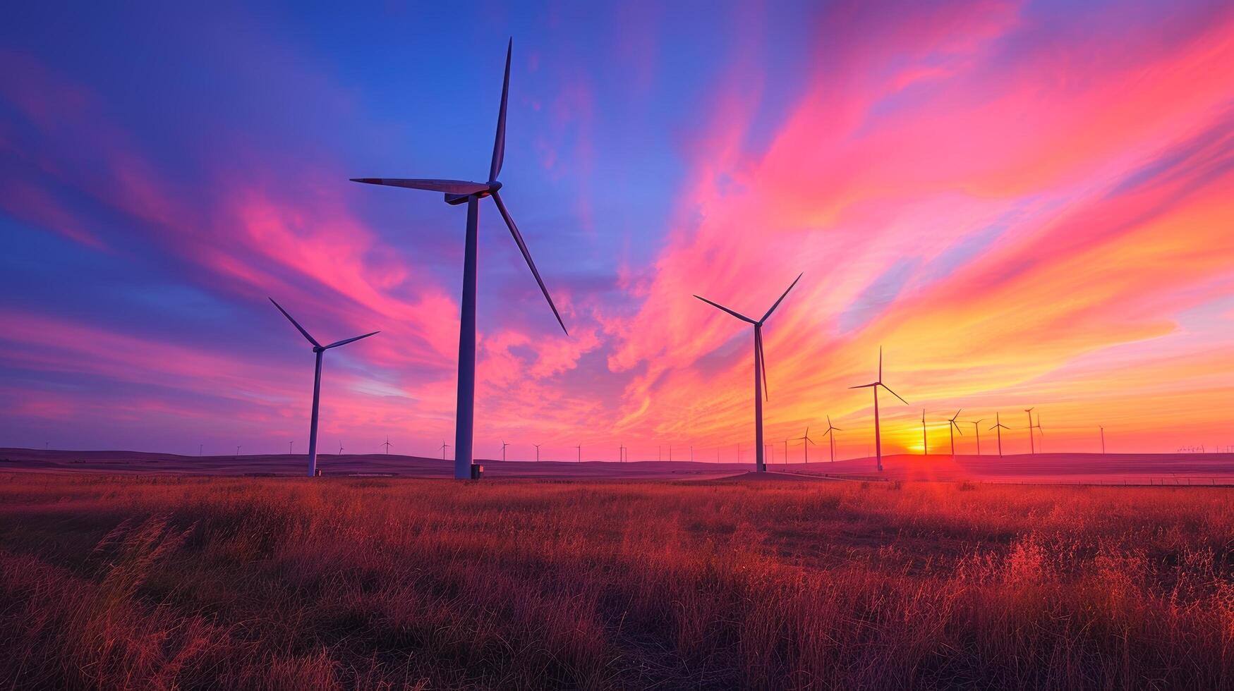 AI generated Wind turbines gracefully turning against a vibrant sunset backdrop, harnessing renewable energy photo