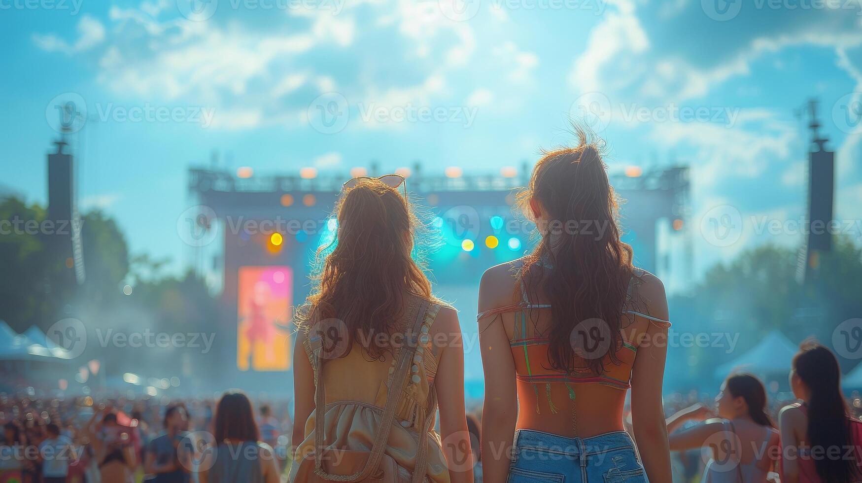 AI Generated An open-air concert in the park is watched by female friends in the back. photo