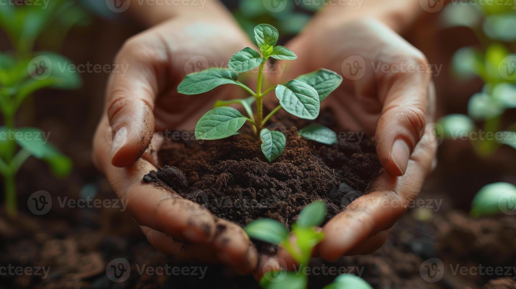 ai generado negocio gente manos en apoyo de un planta, suelo, y suelo. colaboración, crecimiento, y inversión con primeros planos de empleados a construir un comunidad, camaradería, o sostenibilidad. foto